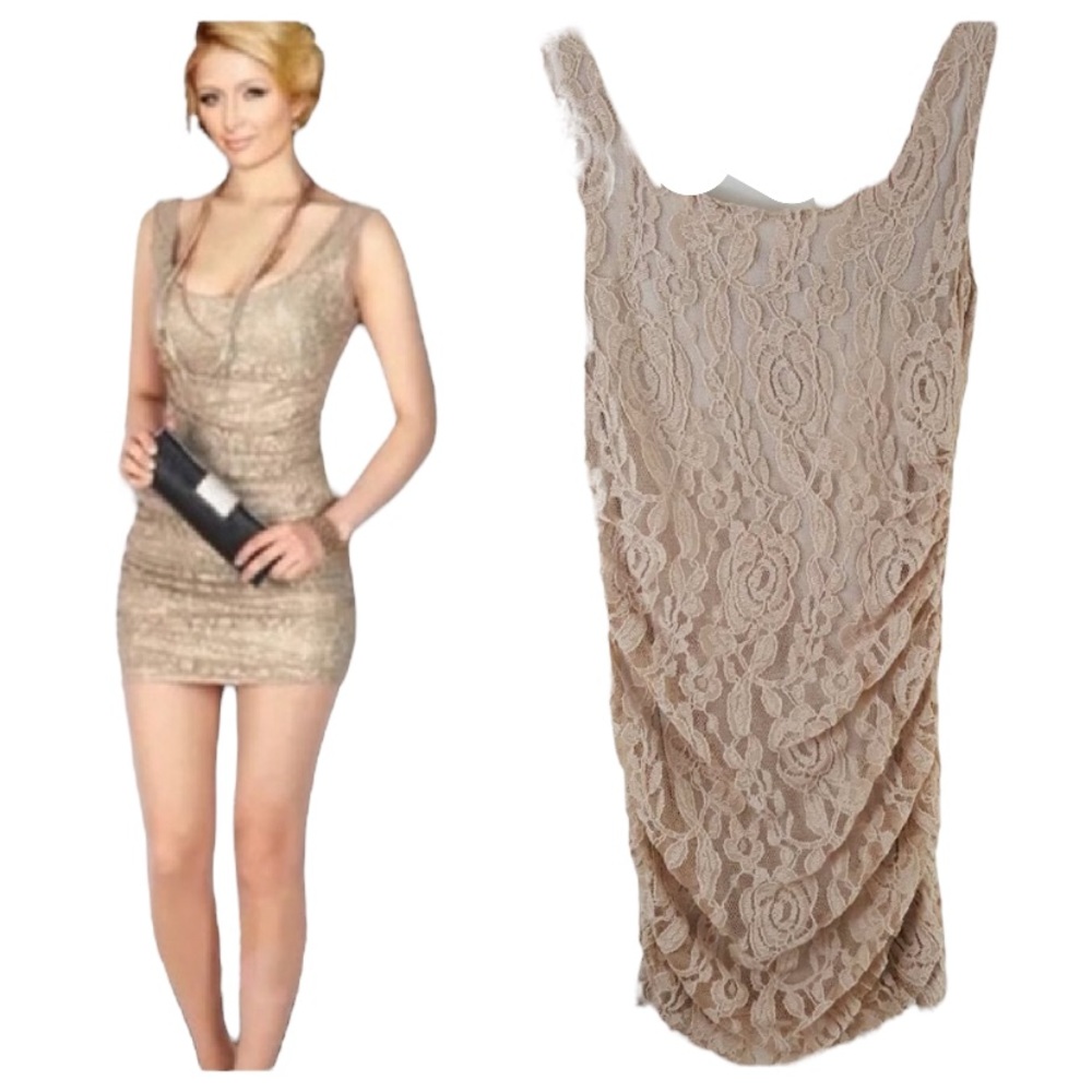 Beige Metallic Bronze Lace Floral Overlay Ruched Sleeveless Mini Body-con Dress